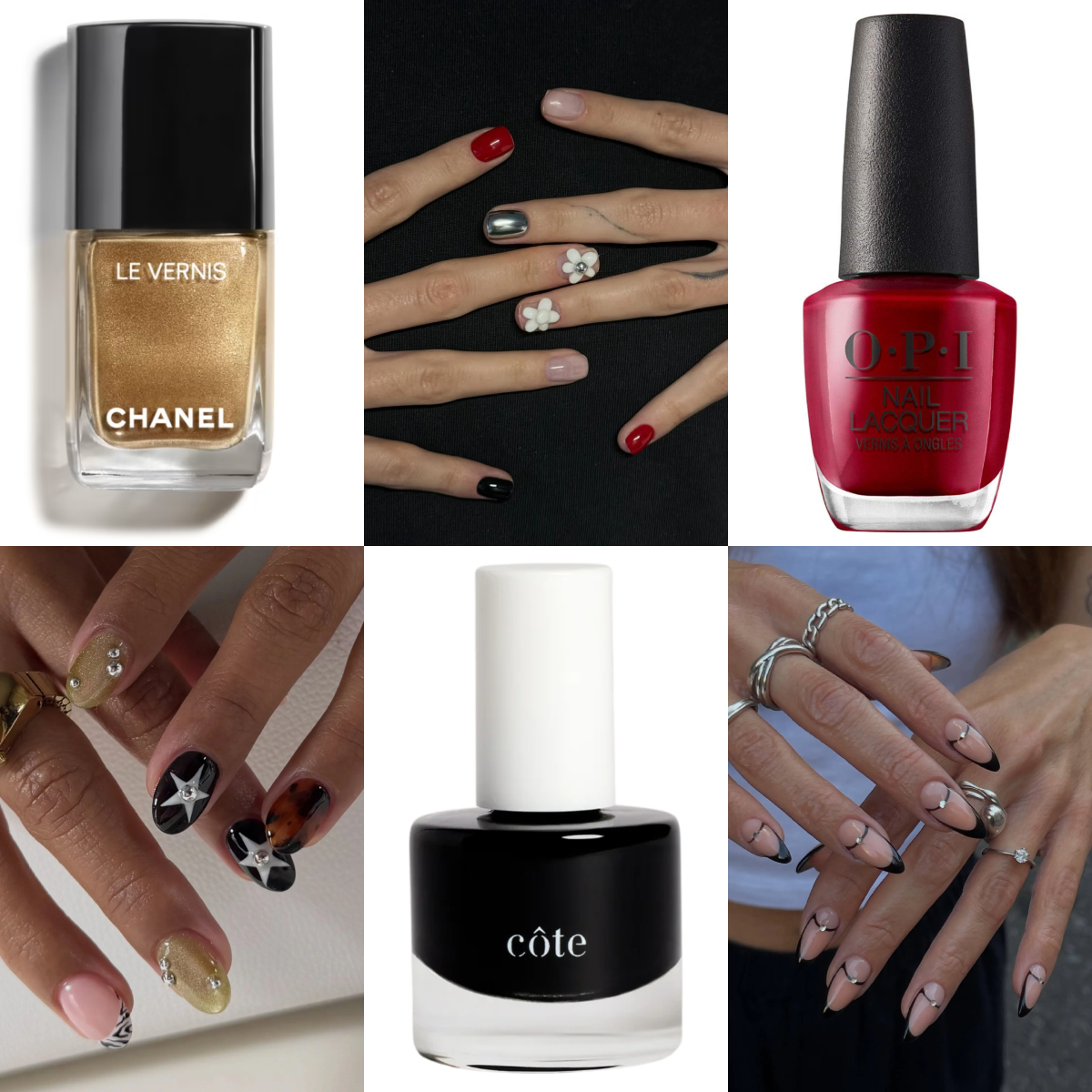 a collage of six images featuring black, red, and witchy nail designs for the first week of october