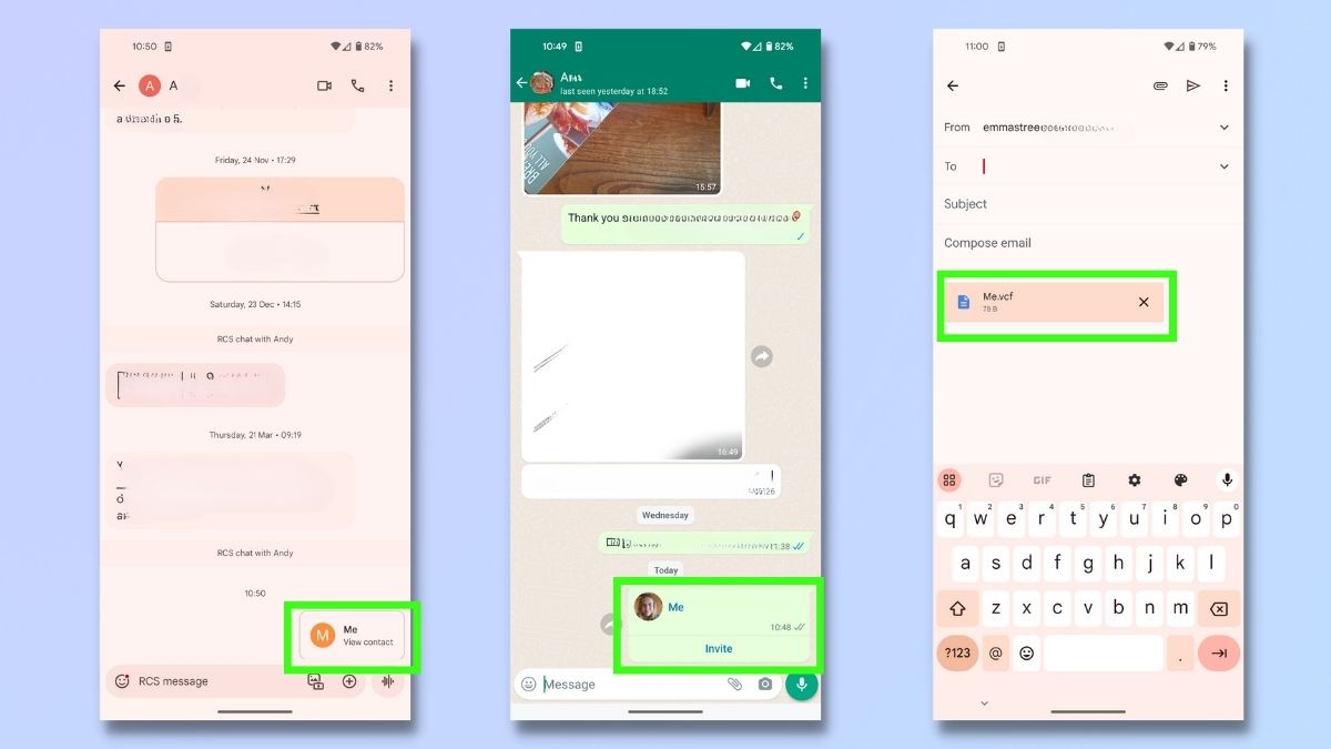 Снимок экрана, показывающий, как поделиться контактной информацией на телефоне Android: полный обмен