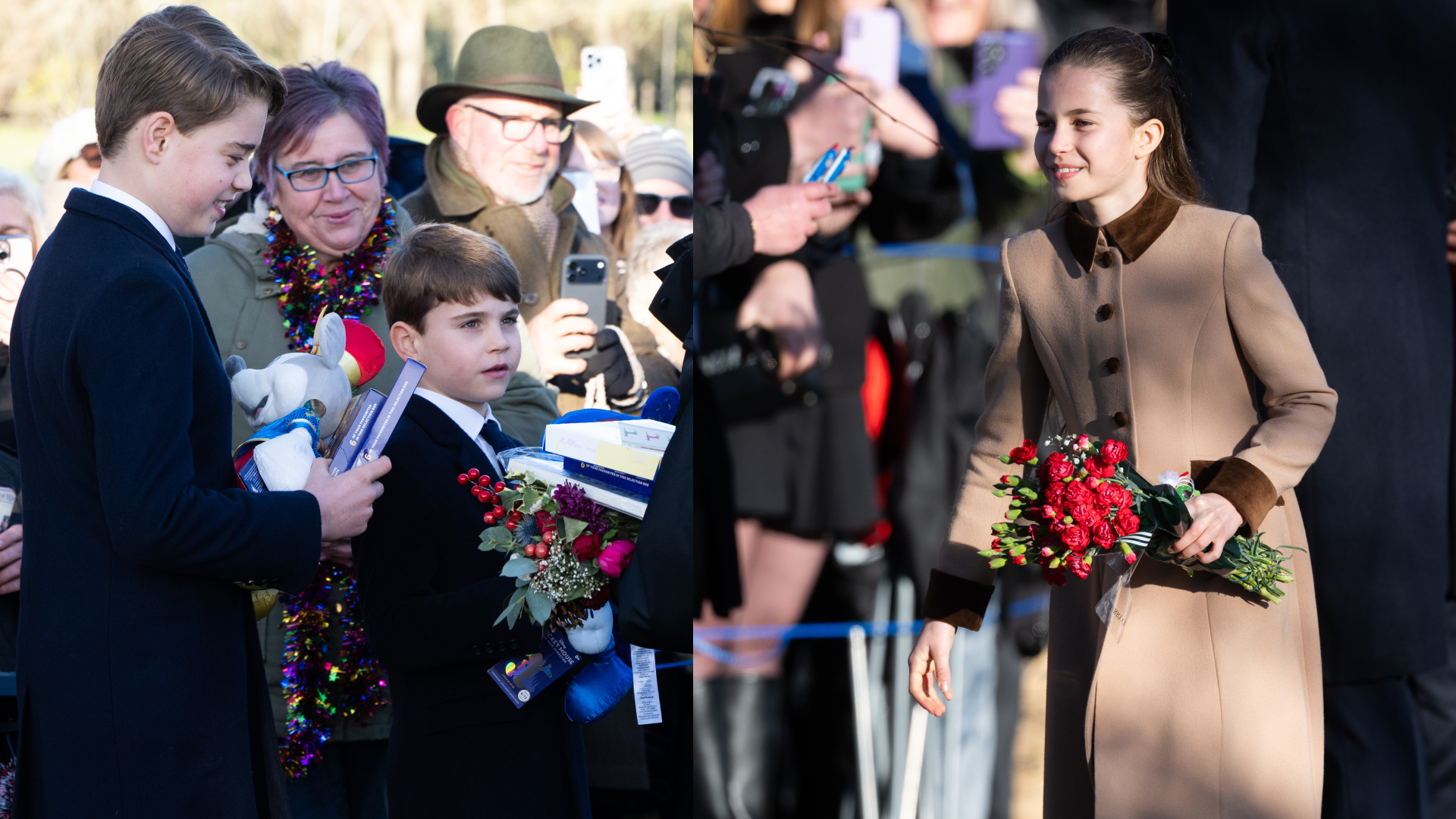 Prince George and Prince Louis taking gifts from fans on Christmas; Princess Charlotte walking with a bouquet of flowers