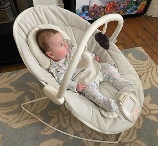 Our tester's baby daughter, Freddie, pictured in the Apollo baby bouncer from Mamas & Papas