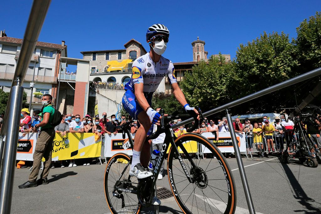 LOUDENVIELLE FRANCE SEPTEMBER 05 Start Julian Alaphilippe of France and Team Deceuninck QuickStep Mask Covid Safety Measures during the 107th Tour de France 2020 Stage 8 a 141km stage from CazresSurGaronne to Loudenvielle TDF2020 LeTour on September 05 2020 in Loudenvielle France Photo by Christophe Petit Tesson PoolGetty Images
