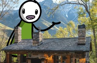 A cartoon man stands over an AI-generated image of a house