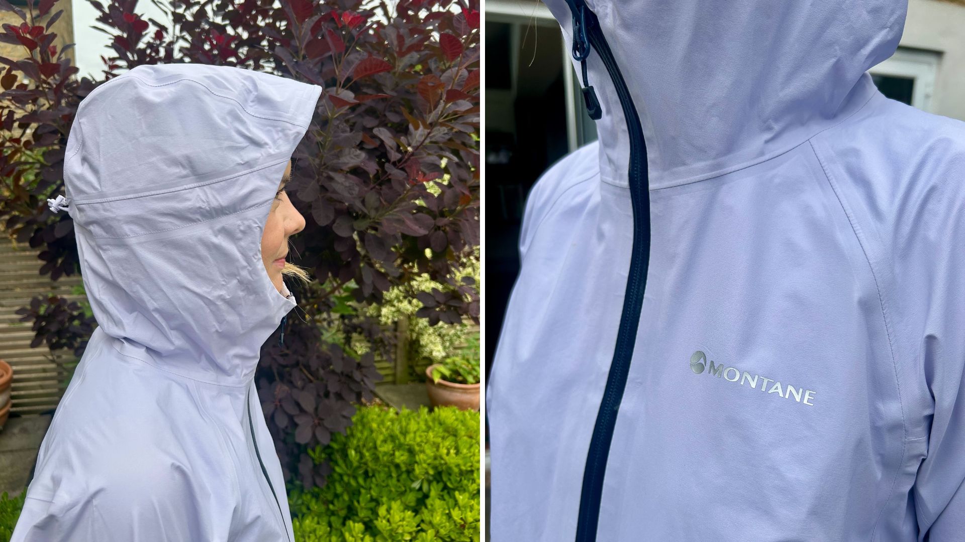 Close ups of the Montane Vortic Waterproof jacket showing the peak hood, logo and zip
