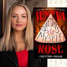 a split image of author jeneva rose's headshot of her wearing a red top and black blazer opposite the cover of her horror book sometimes i scare myself
