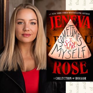 a split image of author jeneva rose's headshot of her wearing a red top and black blazer opposite the cover of her horror book sometimes i scare myself
