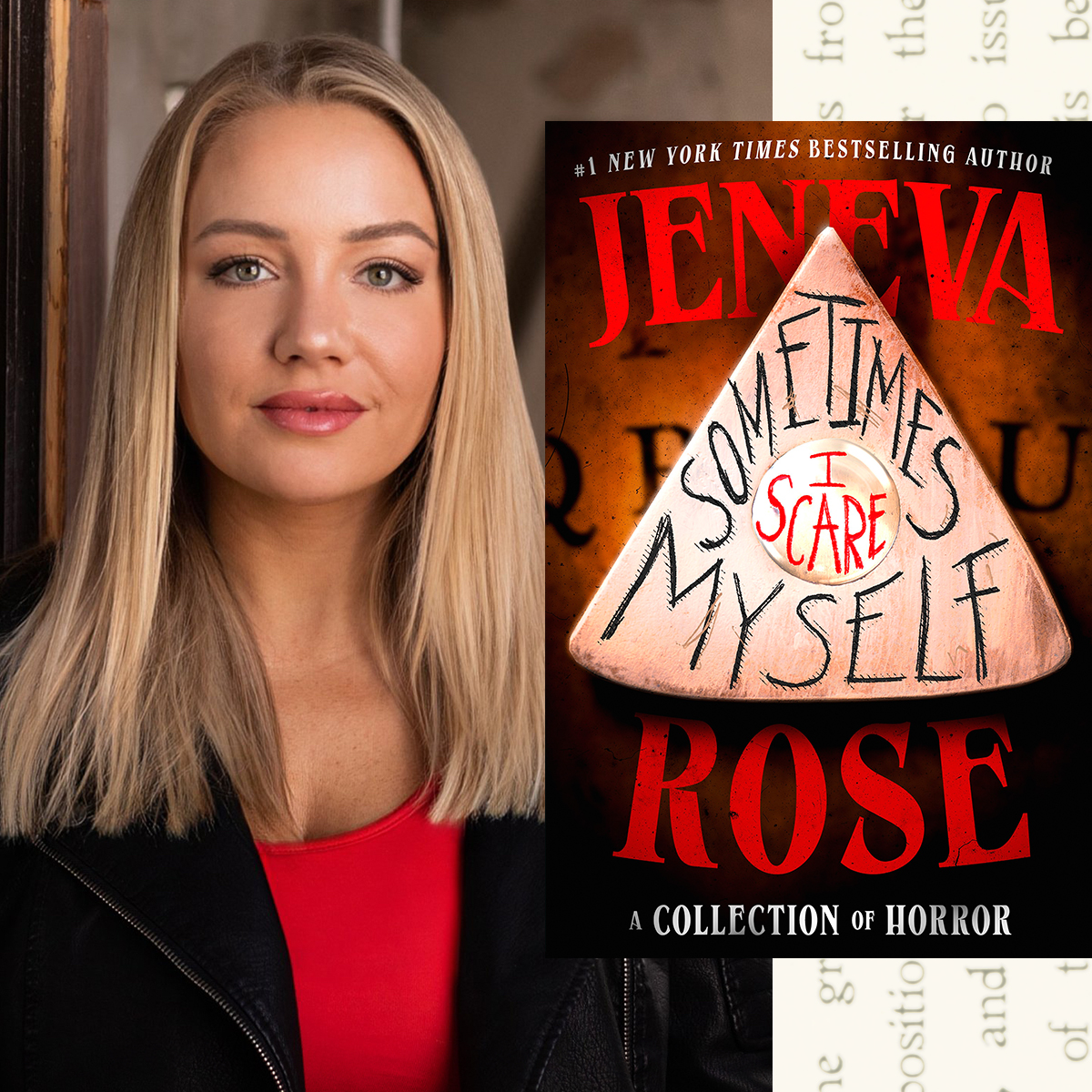 a split image of author jeneva rose's headshot of her wearing a red top and black blazer opposite the cover of her horror book sometimes i scare myself