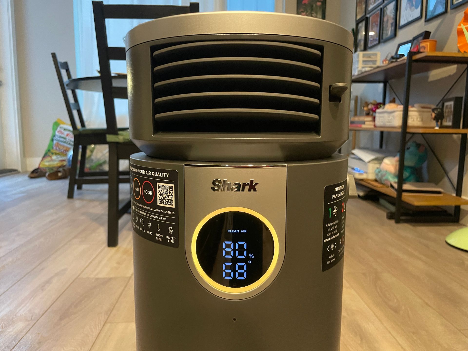 Image of the Shark Air Purifier 3-in-1 front, with the yellow indicator displaying air quality during testing at Aleenah's home.