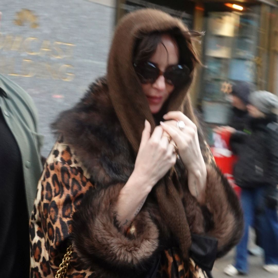 Dakota Johnson was spotted in NYC wearing a $11,000 Valentino coat, a Valentino Panthea Bag, and the triangle scarf trend