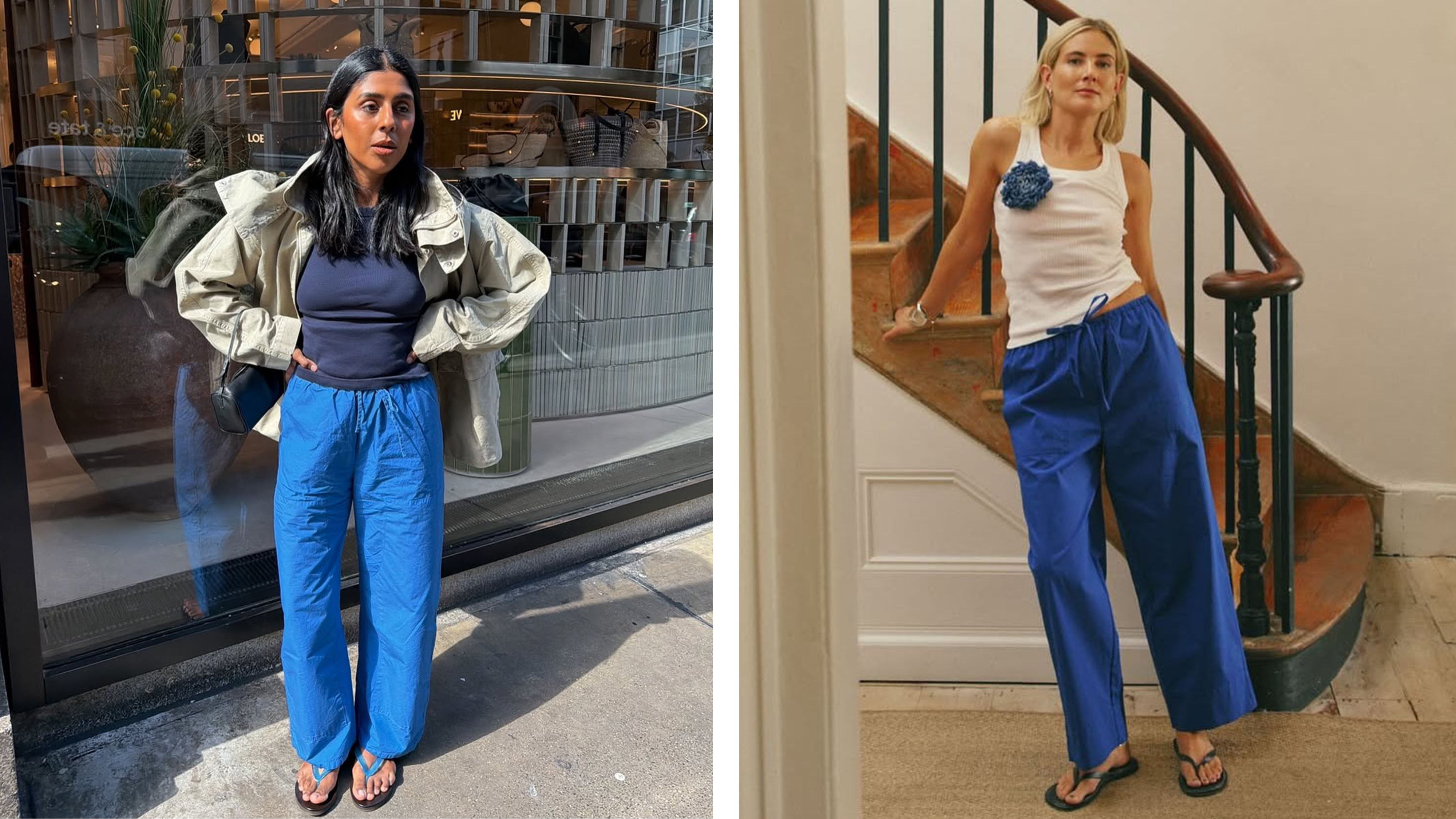 Women in cobalt blue pant outfits
