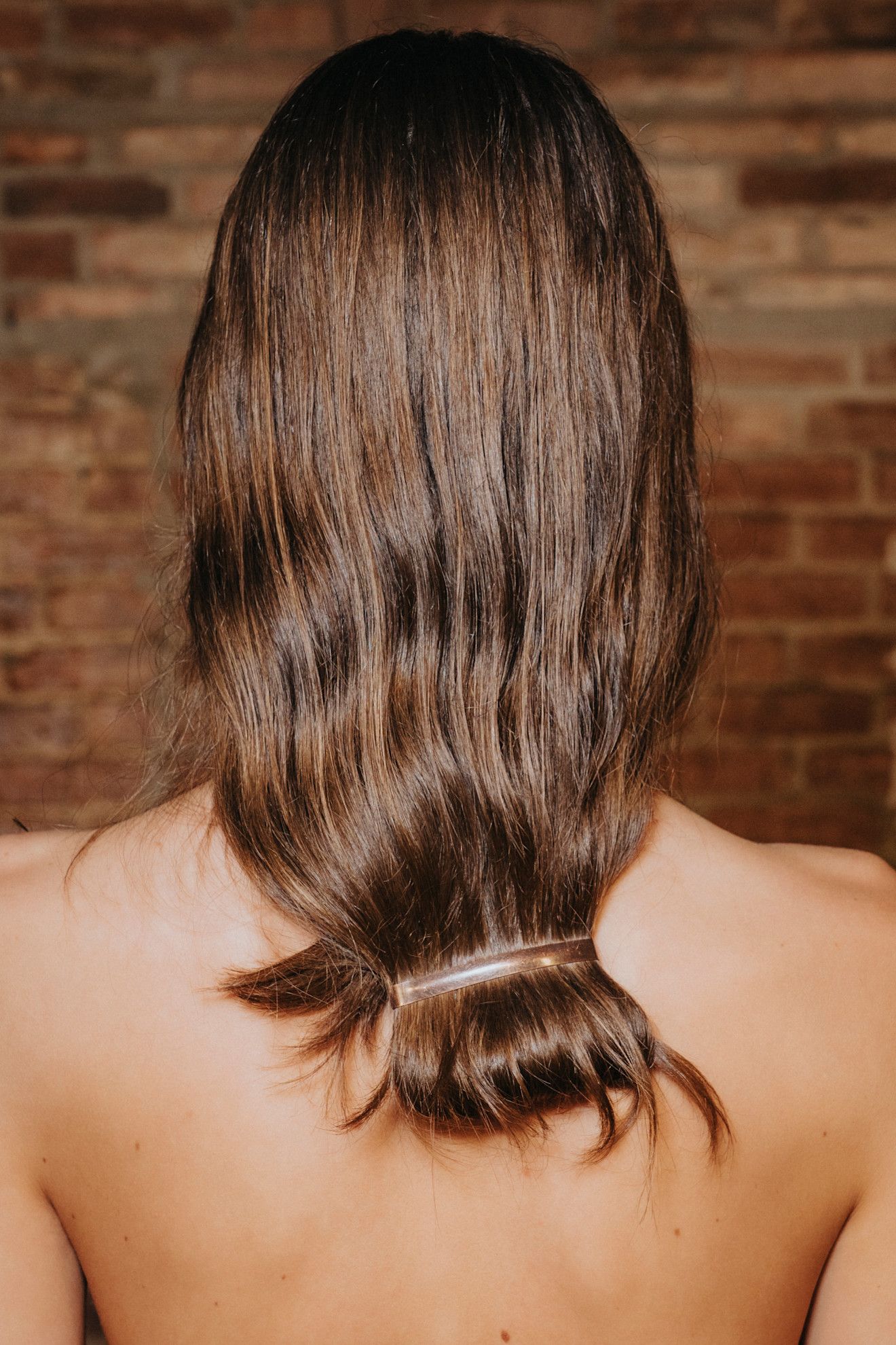 the back of a models head with brown hair and a slim hair clip