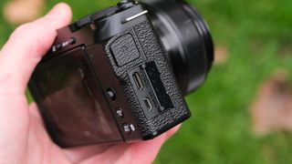 Close up of the ports on a Fujifilm X-M5 camera