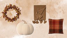 Wreath, knit pumpkin, blanket, and throw pillow on neutral watercolor background