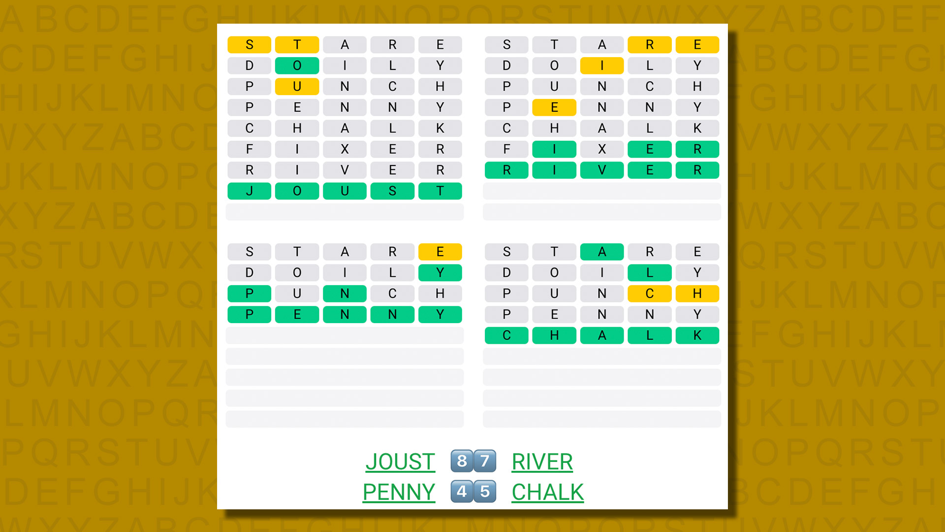 Quordle answers for game 591 on a yellow background