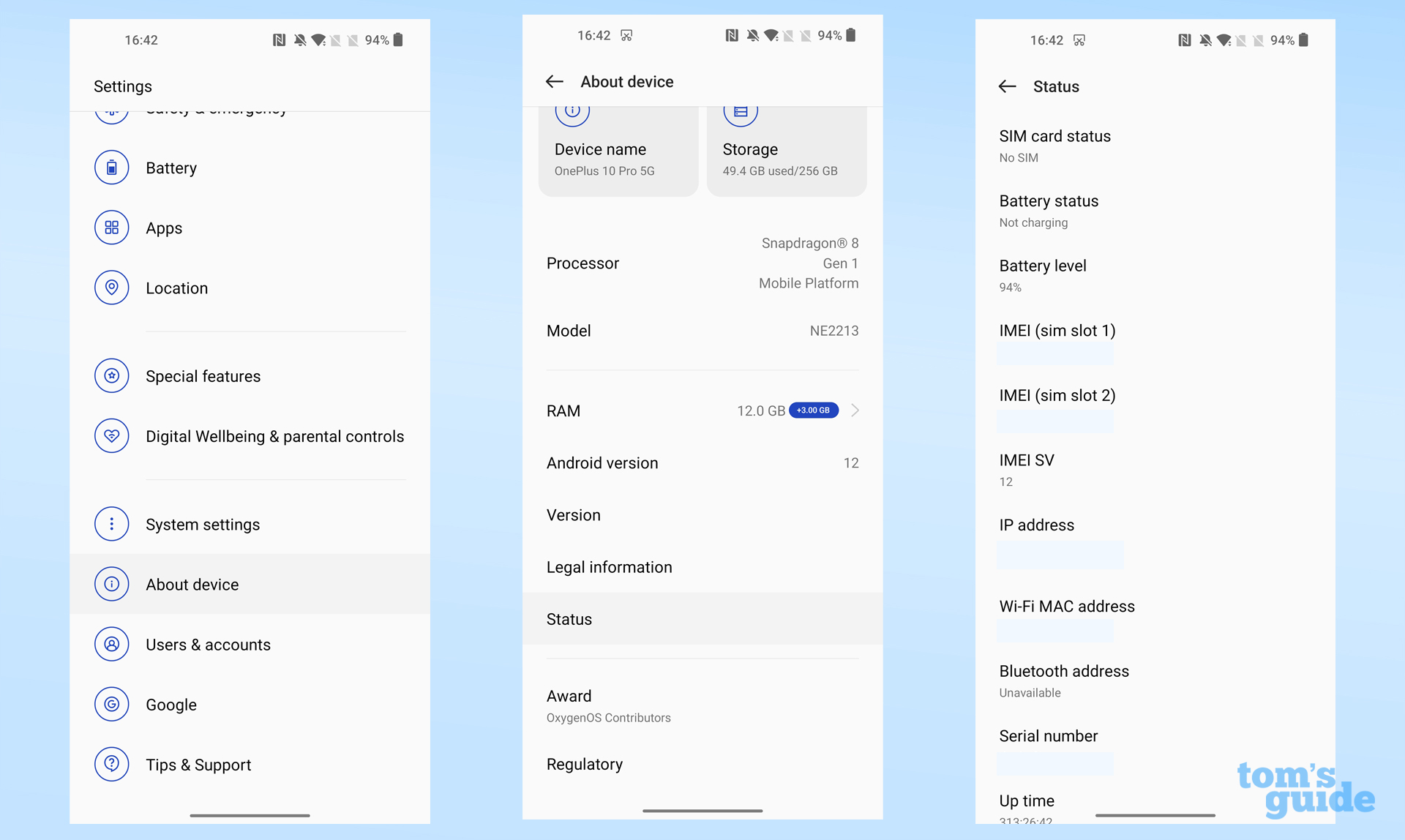 Screenshots from a OnePlus 10 Pro, showing where to find the IMEI number in the Settings app