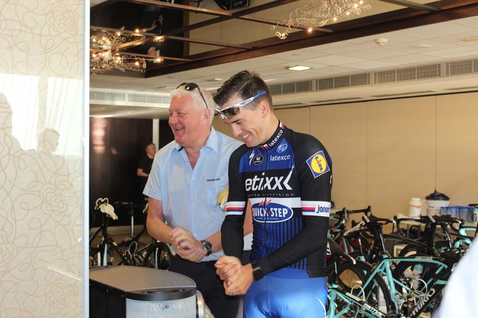 Team manager Patrick Lefevere enjoys a coffee with Zdenek Stybar