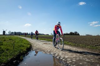 Lotte Kopecky on the cobbles during the SD Worx Roubaix recon