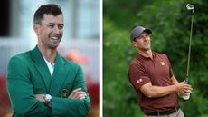 Adam Scott wearing his Masters Green Jacket And Hitting An Iron Shot At The 2024 PGA Championship