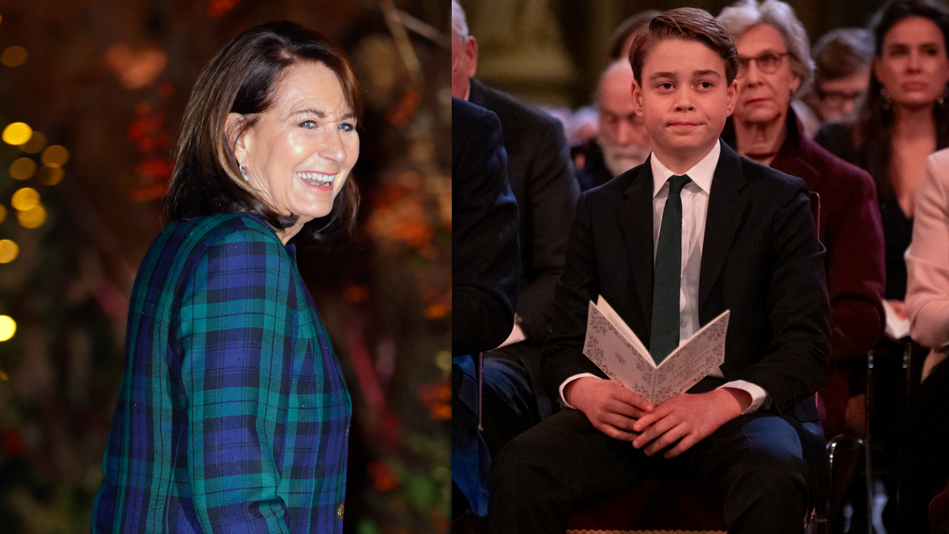 Carole Middleton wearing a tartan coat and smiling; Prince George wearing a suit sitting in church