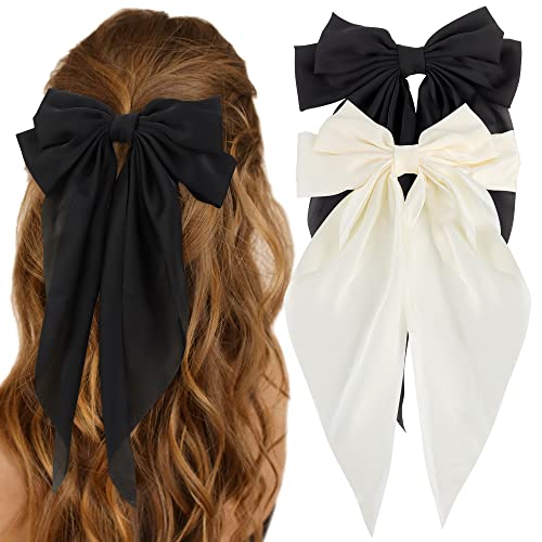 Atoden Silky Satin Hair Bows 2pcs Big Hair Bows for Women Hair Ribbons Oversized Long Tail White Hair Bow Black Hair Bow Large Hair Ribbon Barrettes Metal Clips Bowknot Aesthetic Hair Accessories