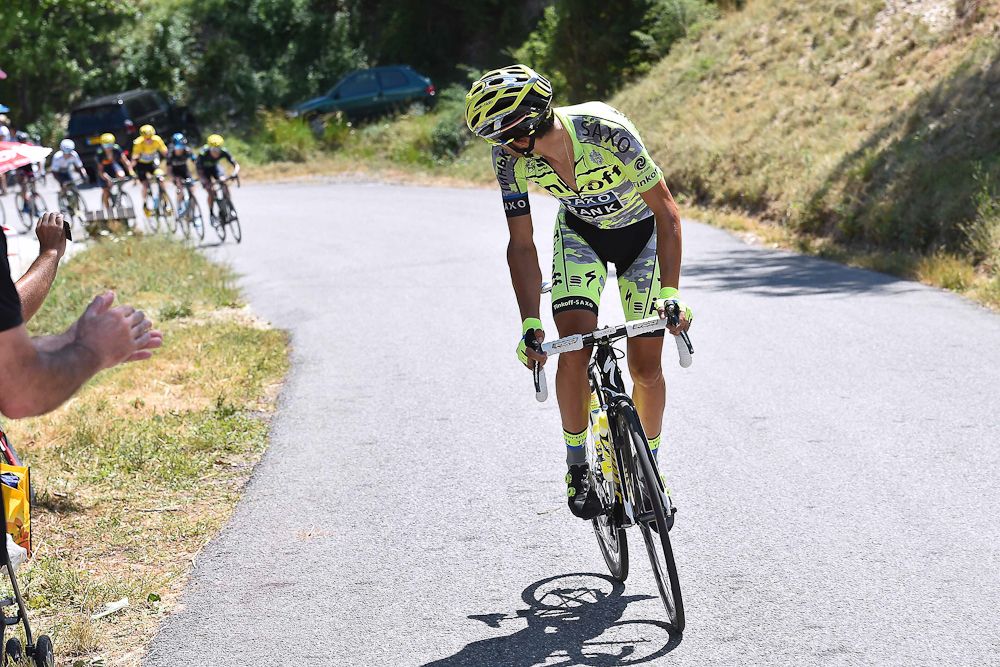 Alberto Contador goes on the attack during stage 17.