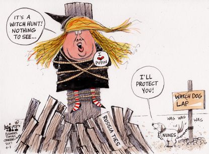 Political Cartoon U.S. President Trump Russia ties witch hunt Devin Nunes