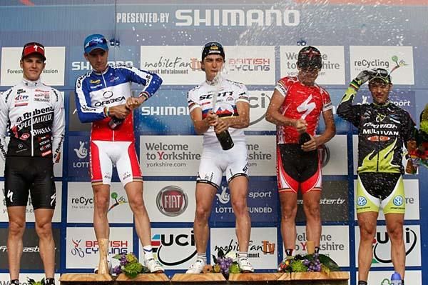 Julien Absalon (Orbea), Nino Schurter (Scott Swisspower) and Burry Stander (Specialized) on the podium.