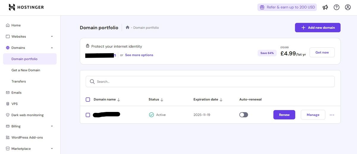 An image of the domain tab on hPanel