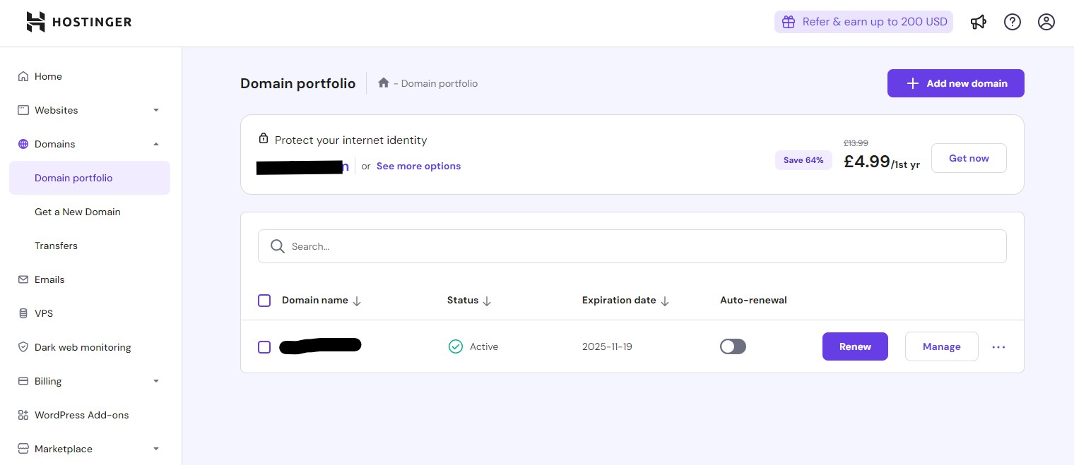 An image of the domain tab on hPanel