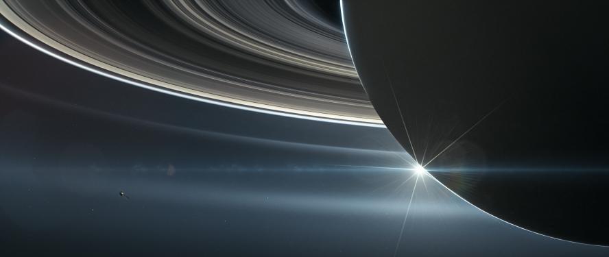 An artist's depiction of the Cassini spacecraft orbiting Saturn near the end of its mission.