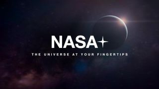 the words "NASA+" appear in front of an image of the moon and stars
