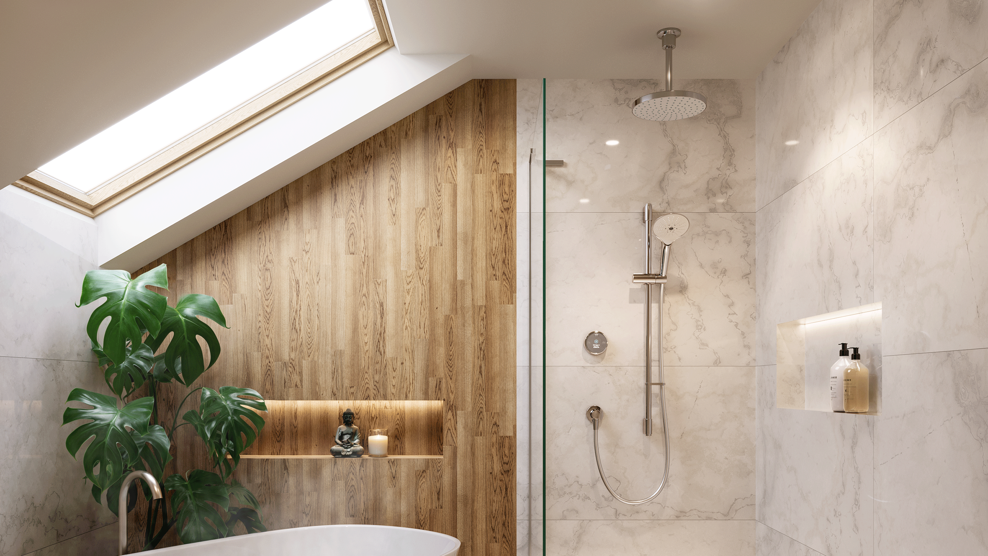 Silver shower head in bathroom with wooden cladding