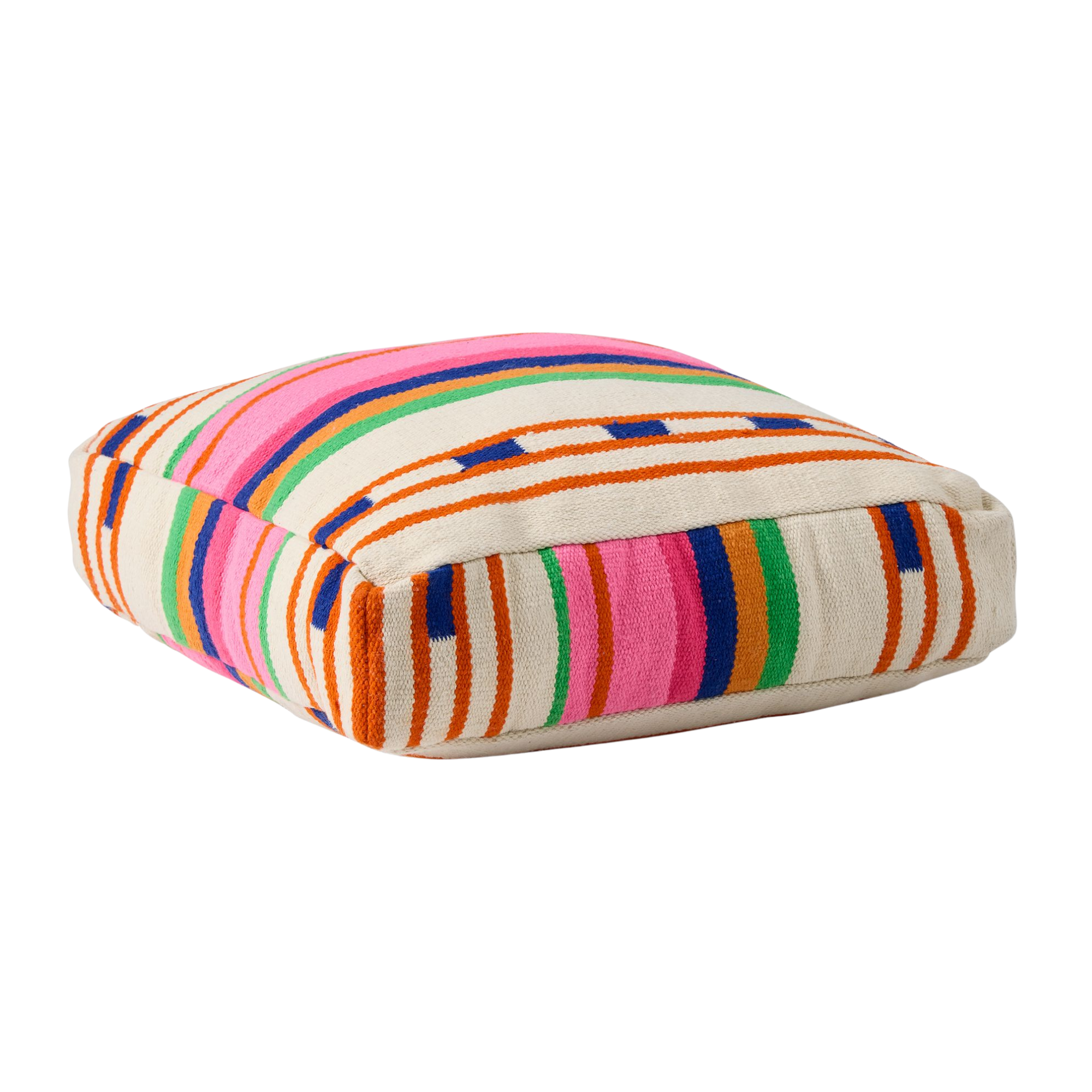 a floor cushion in multi-colored stripes
