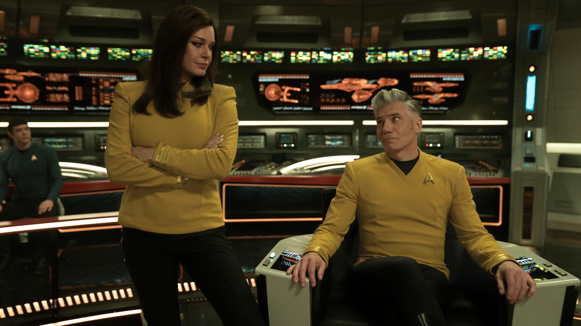 Rebecca Romijn as Una and Anson Mount as Capt. Pike in season 3, Episode 10 of Strange New Worlds streaming on Paramount+. Photo Credit: Marni Grossman/Paramount+