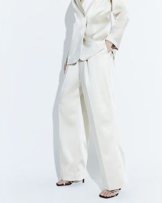 Cream Bonded Satin Wide Leg Trouser