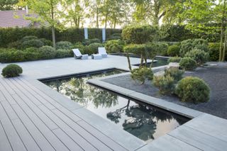 large decked area with integrated water features