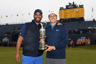 Michael Greller and Jordan Spieth hold the Claret Jug