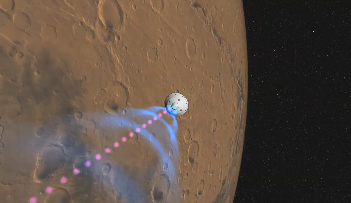 This artist&#039;s still shows how NASA&#039;s Curiosity rover will communicate with Earth using two different types of radio signals during its Aug. 5, 2012 landing.