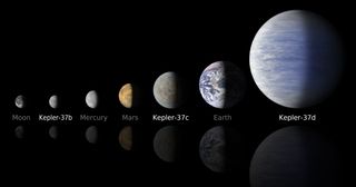 Two of the three planets orbiting the star Kepler-37 are smaller than the Earth while the third is twice Earth's size. Kepler-37b is about 80 percent the size of Mercury and is the first exoplanet to be found that is smaller than any planet in our own solar system. Image released Feb. 20, 2013.