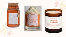 Graphic showing three pumpkin spice scented candles 