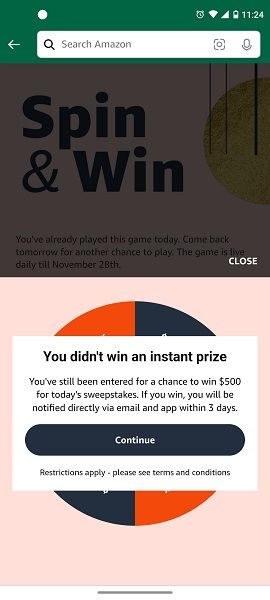 Amazon Spin &amp; Win information of $500 sweepstakes prize.