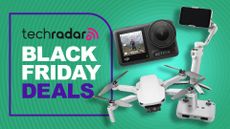 A collection of DJI products on a green background with TechRadar Black Friday deals text overlay