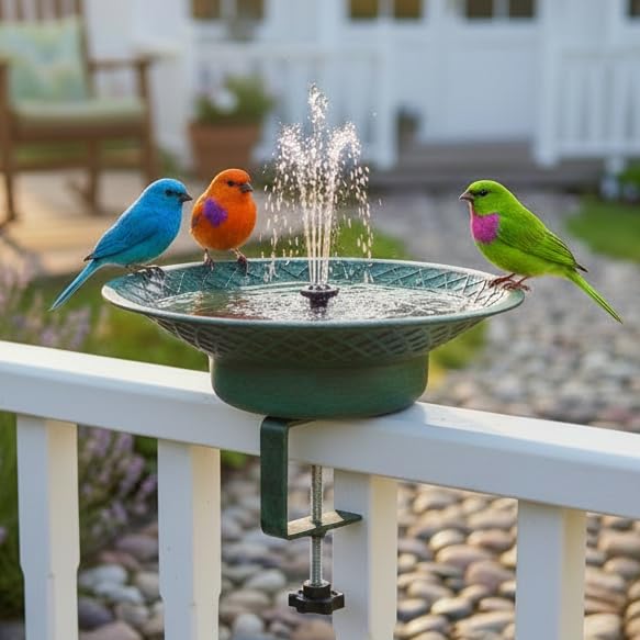 Minwadil Deck Mounted Bird Bath for Outside, 12.6" Metal Solar Bird Bath With Fountain, Adjustable Railing Clamp for Balcony &amp;amp; Patio, Outdoor Birdbath for Garden Yard Decor