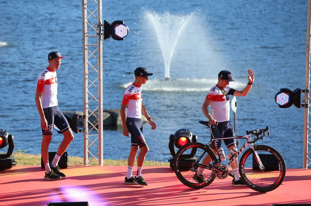 Mathias Frank leads out IAM Cycling for its final grand tour team presentation