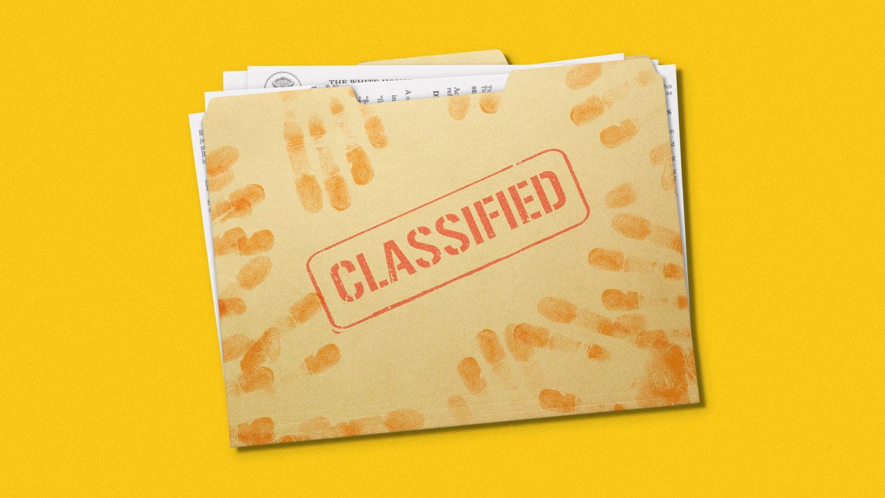 Illustration of a classified documents folder covered in orange fingerprints