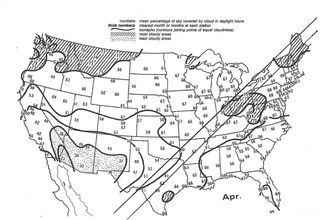 Map of the U.S. depicting cloudiness near and along the path of totality.