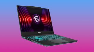 MSI Cyborg 14 at CES 2024 on a gradient background