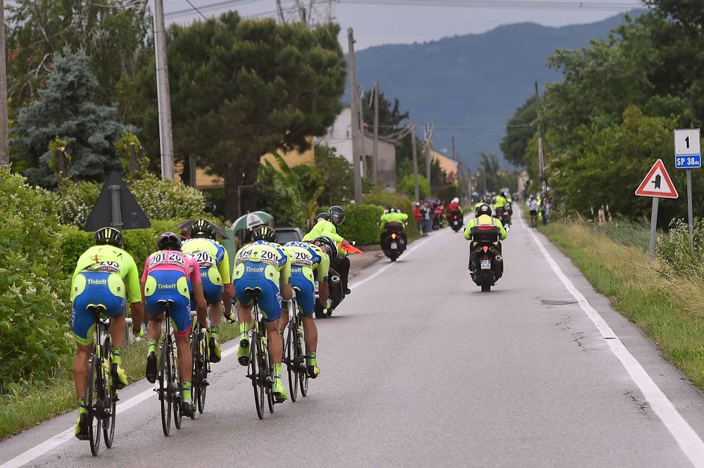 Tinkoff-Saxo team time trial down the road after splitting the peloton.