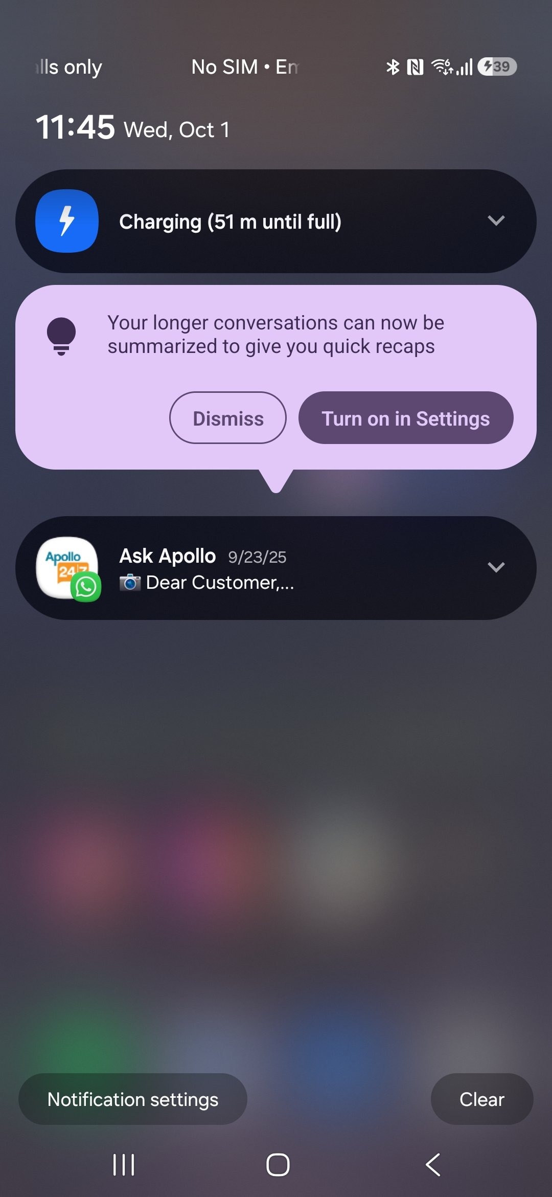 A screenshot of a Samsung phone&#039;s notification shade, with a pop-up prompting the user to turn on summarization