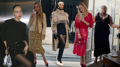 Ingrid wears a black top and black sequin skirt; Olympia wears a tan jacket and gold fringe dress; emmanuelle wears a fringe cape coat, black minidress, and white pumps; olympia wears a red sweater and red leather skirt; abi wears a velvet maxi dress.