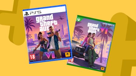 Image of the GTA 6 on the PS5 and Xbox Series X with a yellow GamesRadar+ background.